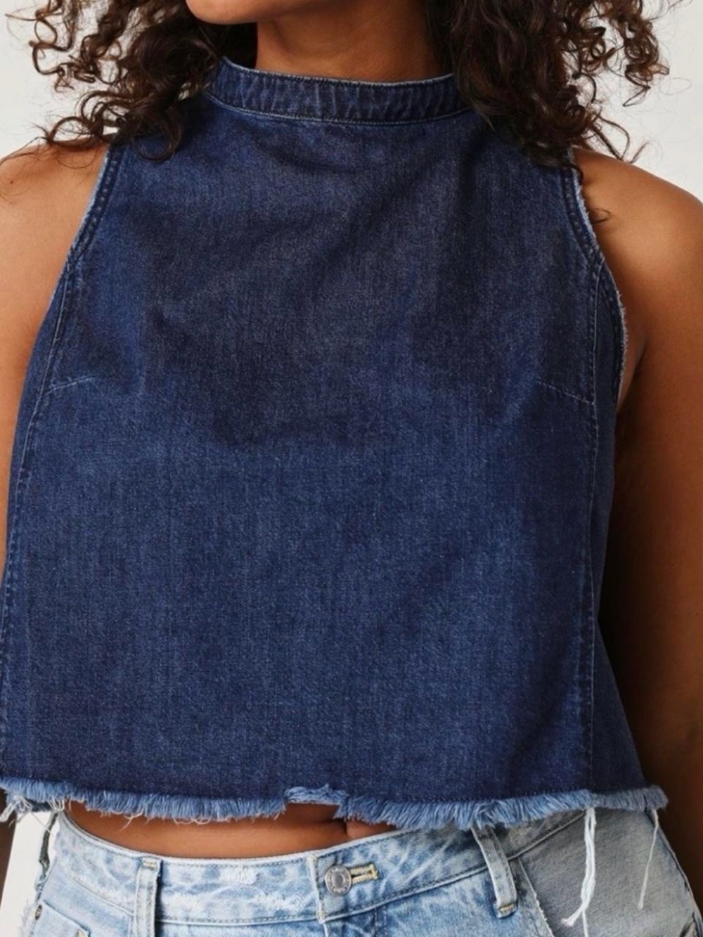 Pilcro Anthropologie Denim Crop Top M Tie Back Raw Hem Dark Wash - Picture 2 of 6